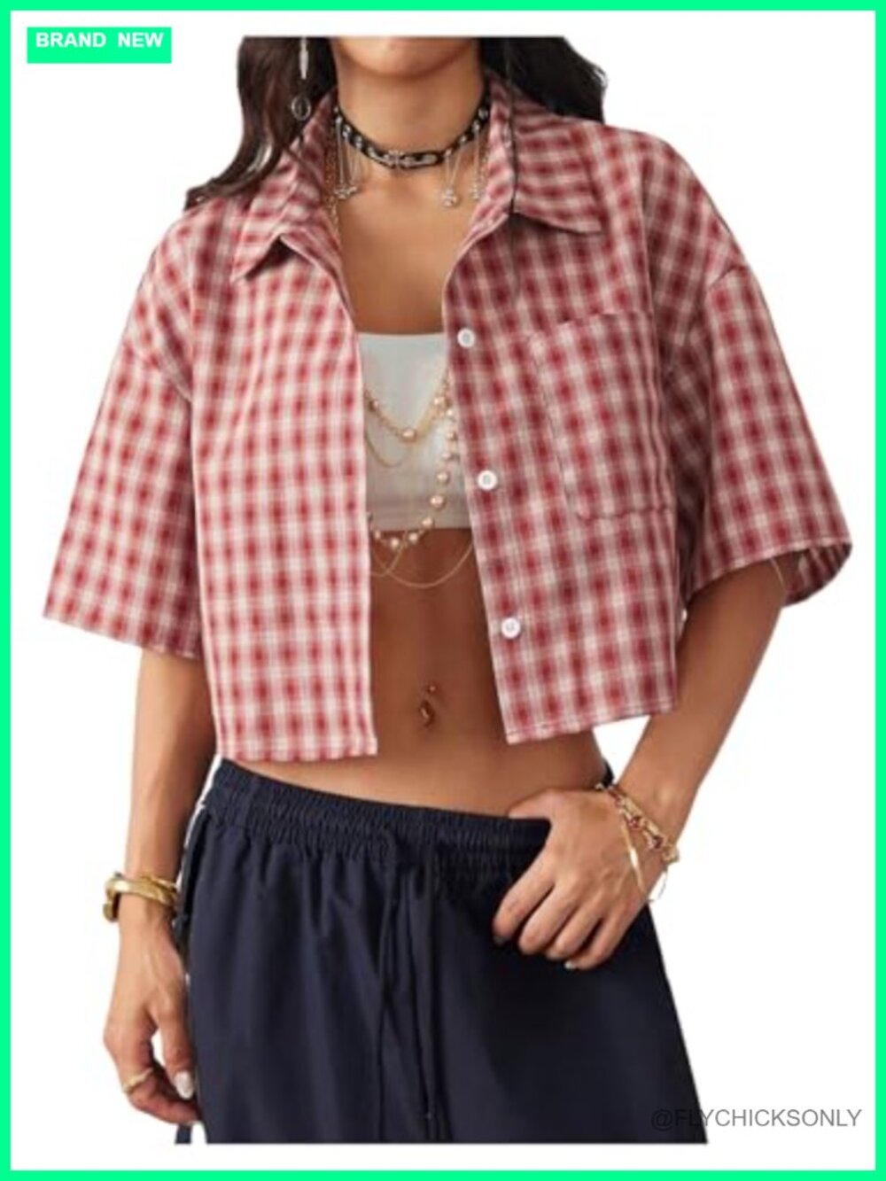 Women's Button Down Plaid Crop Top Short Sleeve Collared Blouse